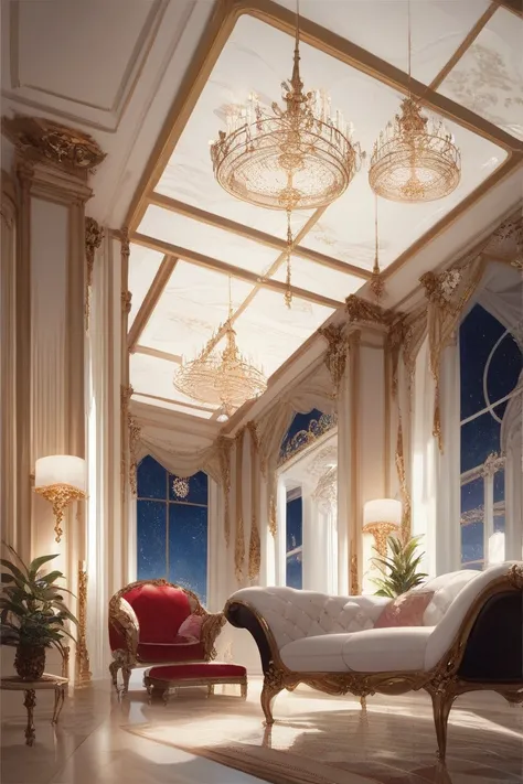 Luxurious ,  Two floors Modern living room Elegant ,  spiral staircase with golden handrails .  The room is warmed by light ,  Ambient lighting ,Large ,  Gorgeous chandeliers hanging on the ceiling .  Space with large ,  There is a night view from floor to...