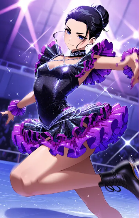 (sfw:1.5), gyaru, cool beauty, solo girl ,frilled glitter costume, figure_skating, black hair, hair slicked back, single hair bun, small breast, serious, light smile, Salchow jump, motion blur,