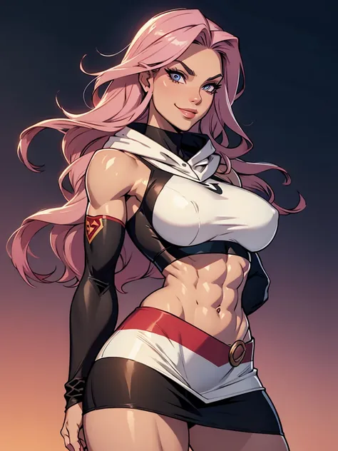 A gorgeous and stunning ((superheroine)), smirking, smiling, dominant, challenging demeanor, smug, teasing, tall, statuesque, imposing, towering, biceps, triceps, ((eight pack abs, extremely defined abs)), double bicep pose, ((black red white costume, span...