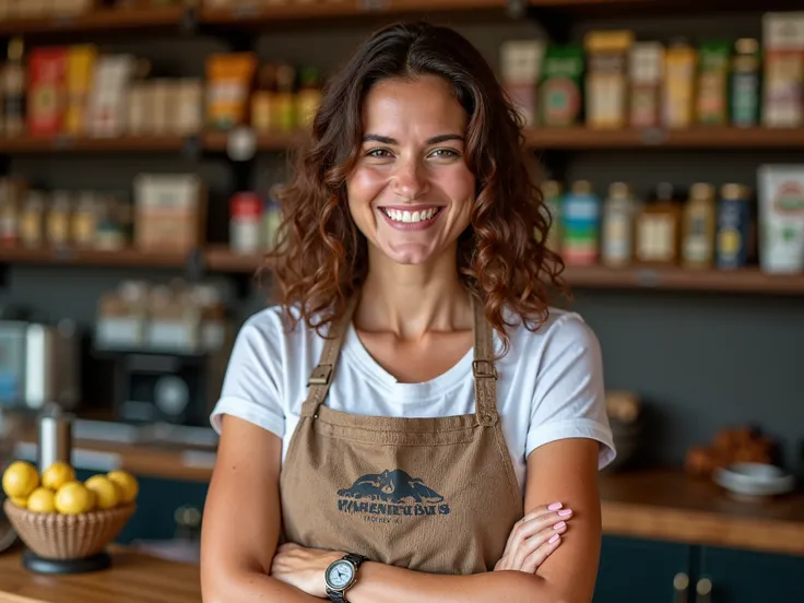 waist-length image of a white, brown-haired (((Brazilian woman from Minas Gerais))), wearing an apron in front of the counter of a store selling Minas Gerais products, some regional products on the shelf in the background, well-lit store, promotional photo...