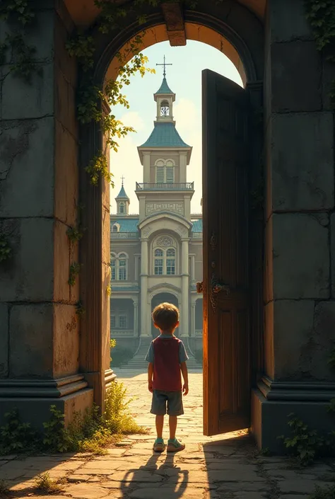 I need to create a cover for a book with a boy in a door and in the background a large old school-like building 