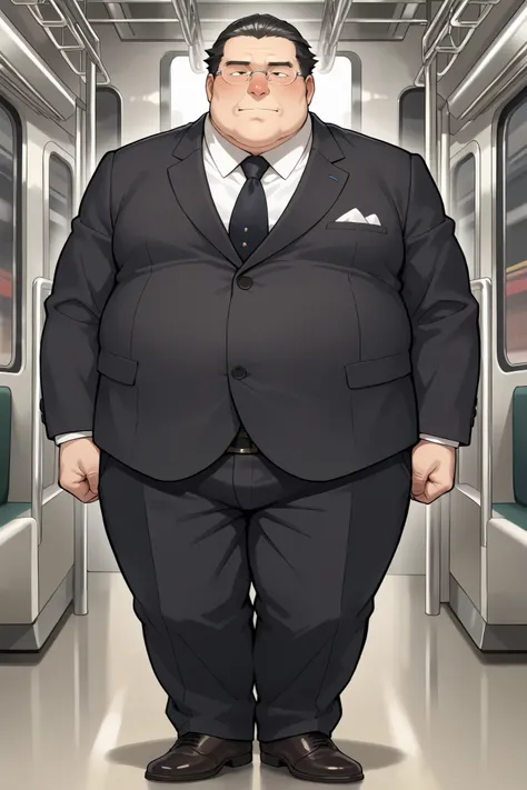 obese fat man,male focus,rimless glasses,black slicked back hair,cleft chin,japanese , narrow eyes, nose,suit,train