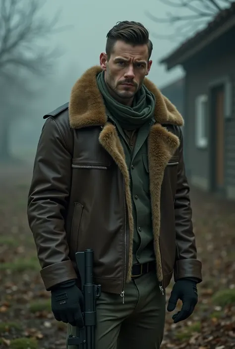 37 years old, male , handsome, look similar Armie Hammer, slicked back undercut hairstyle , ex special forces , wearing brown fur collar leather jacket over green tactical shirt , tactical scarf , tactical gloves, handgun hostler at right leg , misty aband...