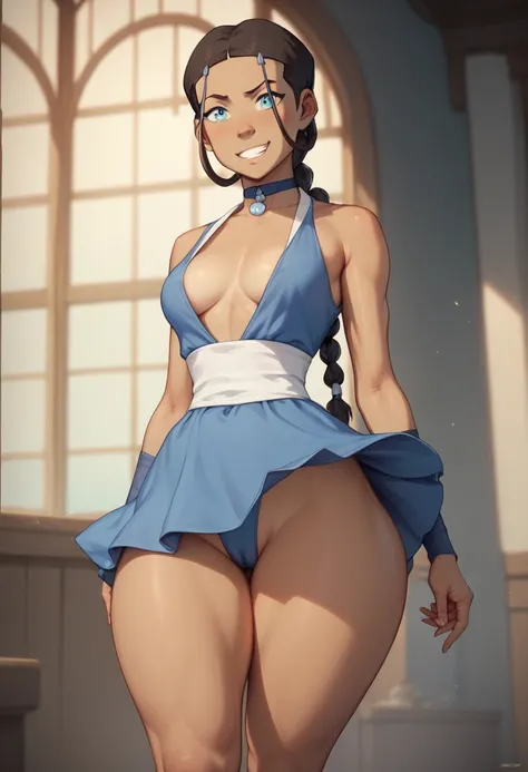 Katara girl, big tits, blue dress, mini skirt, big neckline, big fat ass, flat abdomen, small waist, defined body, big thighs, plunging neckline, big tits, different poses