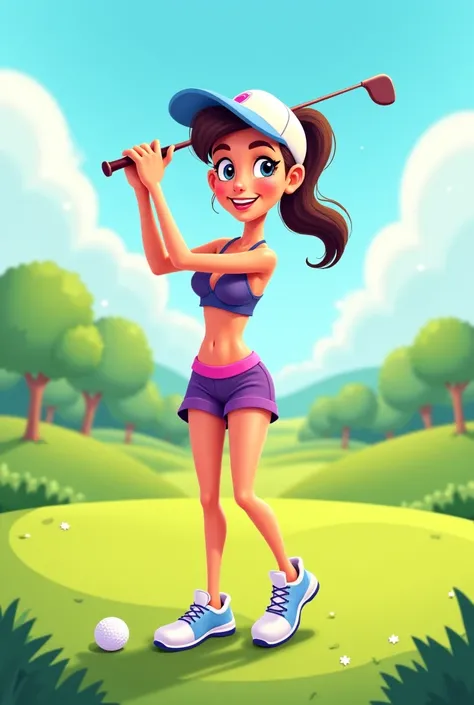 create a cartoon style girl images like playing golf with bra