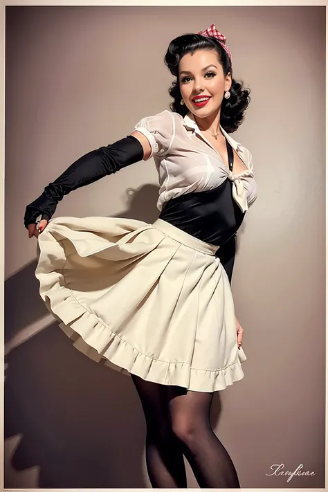 Ultra-high resolution The girl leans forward at full height adding mystery and sexuality. (((Full length. the fluffy skirt rides up in the strong wind))) (((full skirt in pin-up style, knee-length)))
The dress in the style of the 1950s, complete with a ful...