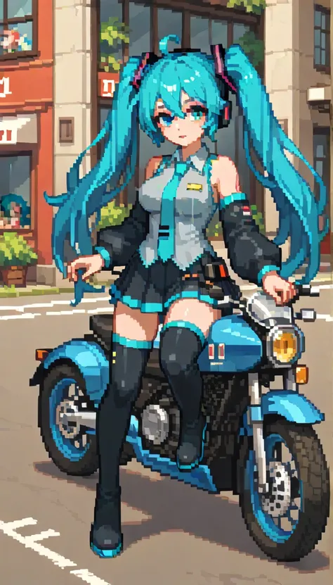 score_9, score_8_up, score_7_up, (1girl), large breast, masterpiece,amazing quality, very aesthetic, fit, gorgeous, high resolution, anime picture, pixel art, miku hatsune driving on a motorcycle, ahoge, aqua eyes, aqua hair, crossed bangs, hair between ey...