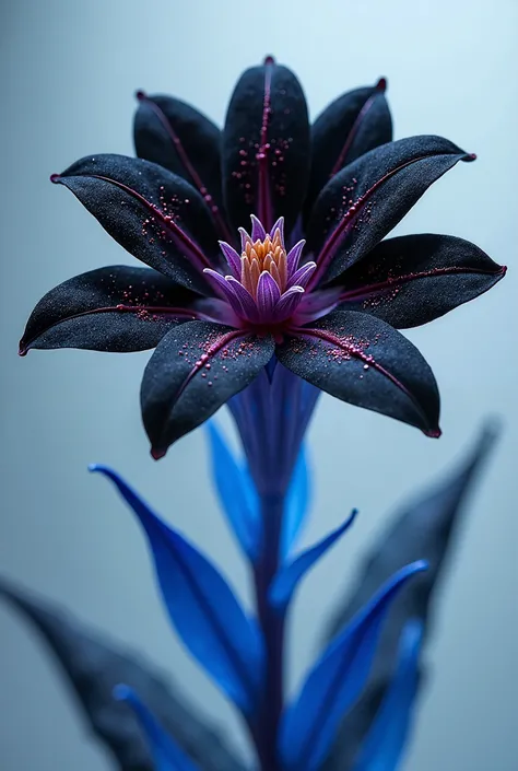 flower with an unimaginable blue stem and black flower with seemingly pink pollen  grains—