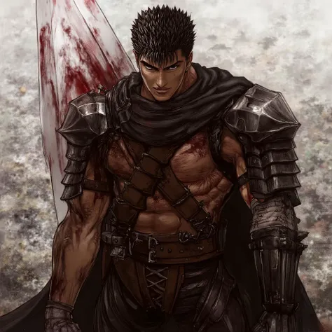 a torn black cloak ,  large bloodied sword with an intense gaze . the character uses,  layered armor reinforced with metal shoulder pads , $.  A battle-worn warrior , com  spiked black hair  e rosto marcado a golpes,  holds the enormous handle of a large b...