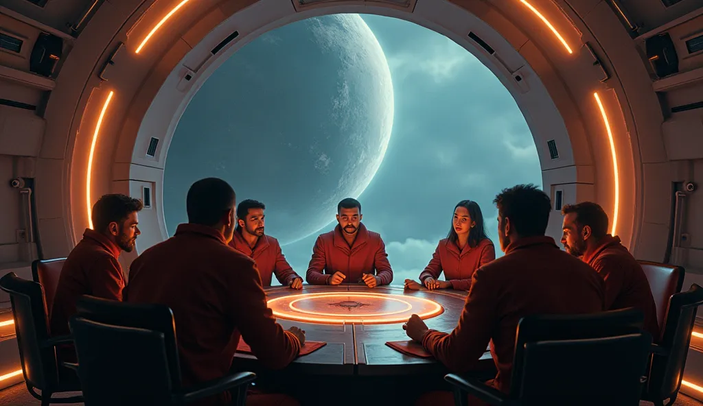 arafed group of people sitting around a table in a science fiction setting, depicted as a scifi scene, an epic space ship scene, award winning scifi art, an epic scifi movie still, epic scifi movie still, ancient science fiction art, space opera and dystop...