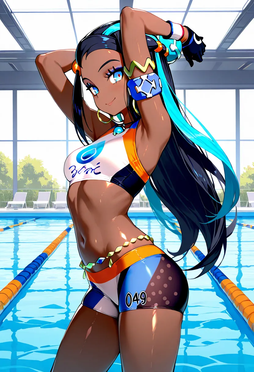 1girl, contrapposto, arms up, facing viewer, from side, BREAK zzNessa, dark skin, makeup, single hair bun, crop top, single glove, spandex shorts, hoop earrings, belly chain, armlet, wristband, slender, (small breasts:0.8), smile, BREAK detailed background...