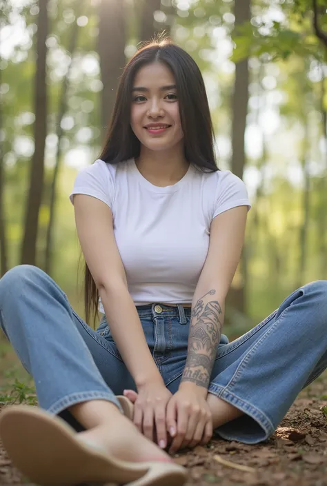 Thai girl, white skin, shaggy breasts, big breast, detailed fingers and nails, naughty smile, thick body, sexy body, curvy waist, sunny morning, milky white skin, there is a text tatoo says "Thasya" on the lower arm, tight white t shirt, sitting elegantl i...