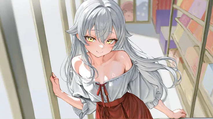 8k high resolution ( super detailed)　 Masterpiece　( top quality)　 detailed eyes　 detailed face　 detailed hands　Delicate hair　 very elaborate body　 fine skin　Healthy Skin　 solo　teens　 has a young face　 yellow eyes　Grey long hair　 red ribbon on the side of t...