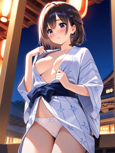 nsfw,  masterpiece,  great quality,   semi-realistic detail CG ,  super high resolution, 8k,festival、shrine、yukata、 pure white panties partially visible、 no bra、Medium breast、 cleavage、Short hair braid 、 barrettes、blush、I'm ashamed、One hand with a towel、ni...