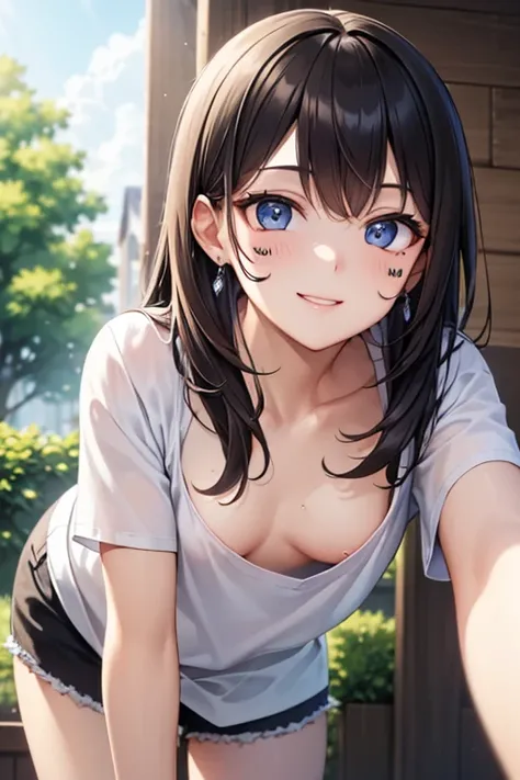 ((Best Picture Quality, 8K, Must Piece: 1.3)), Sharp Focus: 1.2, Beautiful Woman, 20 years old, (White Loose T-shirt), Down Blouse, (Leaning Forward), (Small Breasts), (Smile: 1.15), Fine Face and Skin Texture, Fine Eyes, (Round Face: 1.4), Outdoors