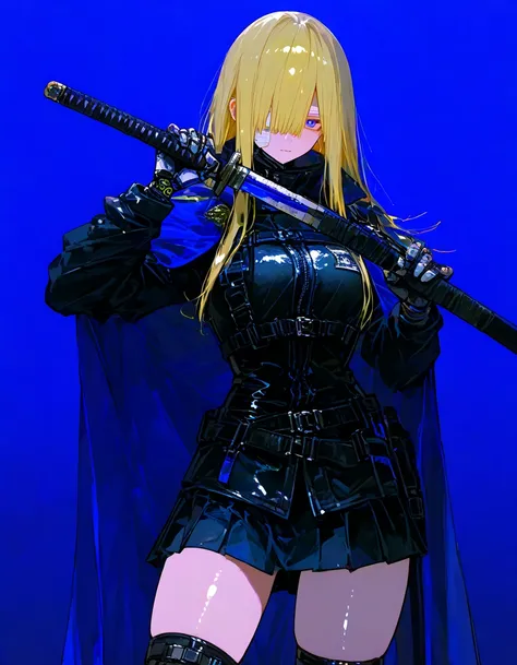   masterpiece、最   high quality 、   high quality 、   so beautiful、   absurd、   latest、   girl、 blonde、光沢のある紫の long hair、  long hair、bandage、目にbandage、 shiny black leather combat uniform, Cape、  miniskirt、 Tiny Breasts 、  Japanese sword、  holding a sword in ...