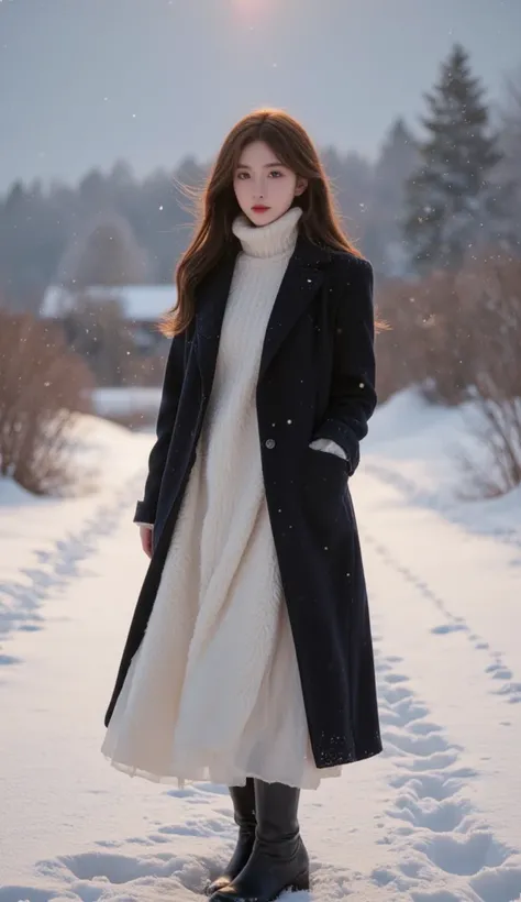 (顔のポートレート), A super soft-focus, dreamy and ethereal photograph. A beautiful young woman stands in a serene, snow-covered winter landscape, wearing a variety of warm winter outfits. Her body is turned sideways to the camera, and her face is looking straight...