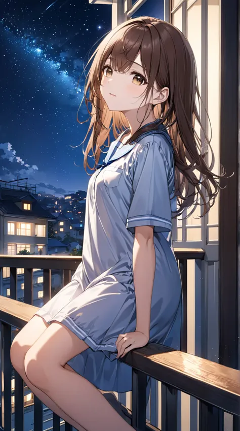 (a Brown haired girl,18-year-old  ), (Relaxing on the balcony at night ), (Very detailed, masterpiece, Highest quality, bright), (Anime Style).
background: Scenery of stars shining in the night sky.
high school uniform.
 Light Nightwear Pose: A scene of a ...