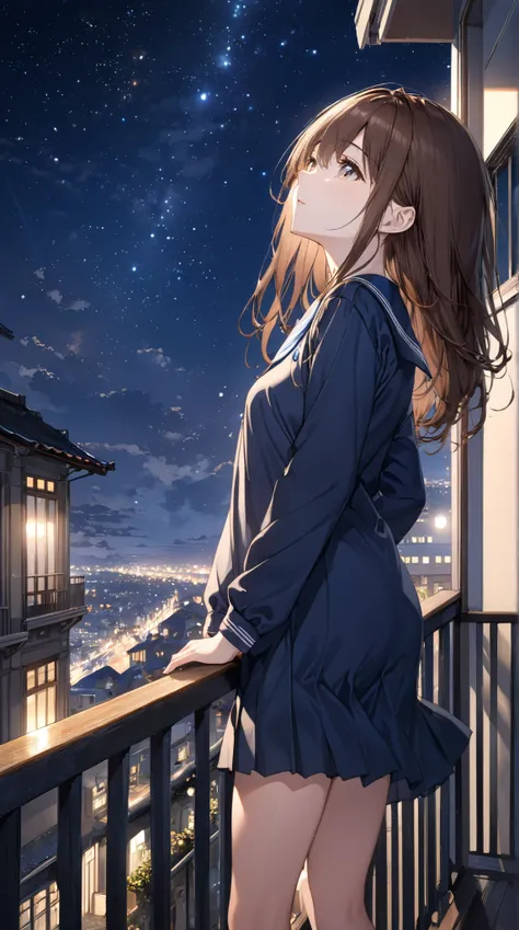 (a Brown haired girl,18-year-old  ), (Relaxing on the balcony at night ), (Very detailed, masterpiece, Highest quality, bright), (Anime Style).
background: Scenery of stars shining in the night sky.
high school uniform.
 Light Nightwear Pose: A scene of a ...