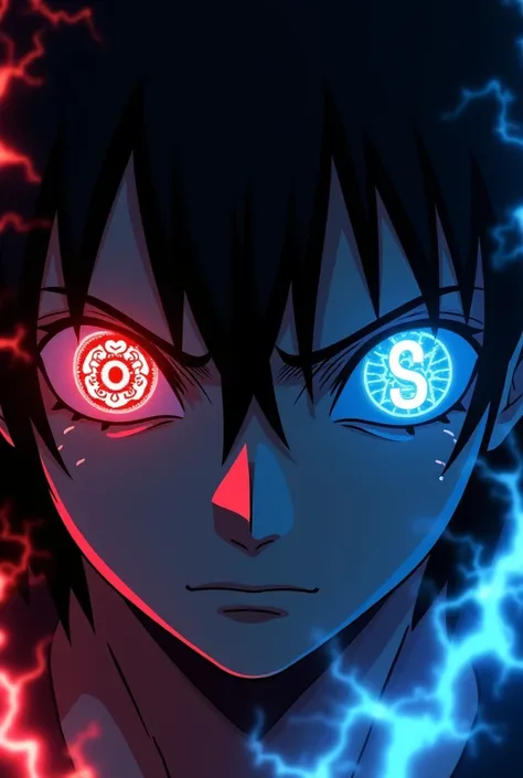 A close-up of intense, glowing anime-style eyes with a dramatic and powerful aura. The left eye features a bright red Sharingan with intricate tomoe details, while the right eye glows with a mysterious blue Jōgan-like energy. The pupils have a subtle, uniq...