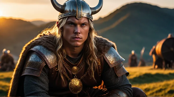 As the sun began to set, The warm golden hues of the sun illuminated his ornate attire, casting a warm glow across the area, Ground-level shot, badass viking eating, background dark, hyper realistic, ultra detailed hyper realistic, photorealistic, Studio L...