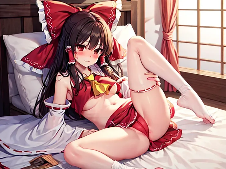 Master piece,best quality,nsfw,hakurei_rhyme/Reimu Hakurei/Hakurei Reimu (touhou),drunk,embarrassed,blush,lying,open clothes,open legs,public hair,on bedroom,throw