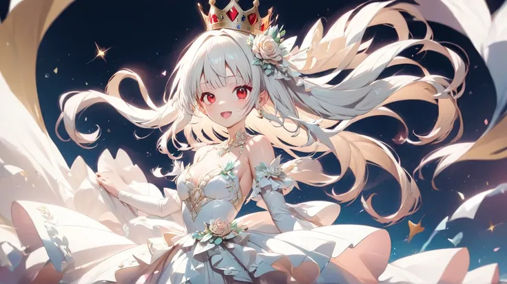 1girl, White Hair, Open Mouth, Red Eyes, Royal Crown, Sparkle, Bloom, Red Royal Diamond Gown, Little, Red Styles, Simple background, HD, Yellow Hair, standing, Solo, Masterpiece, Beautiful Detail, Best Quality, Smile, Anime Style, Kawaii, Looking at viewer...