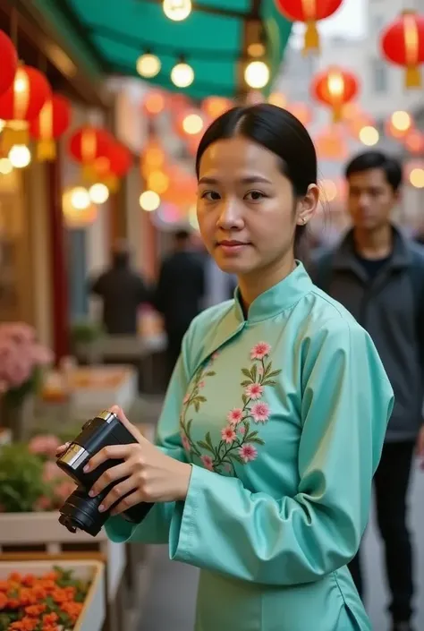 A vibrant, 25-year-old Vietnamese woman with a bright smile, adorned in a modern turquoise Ao Dai with intricate embroidery, holds a vintage film camera, effortlessly navigating the Tet market's lively atmosphere. Her dark hair is tied back in a sleek bun,...