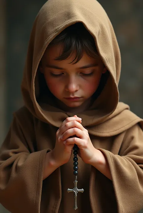  I need an image of Saint Francis of Assisi , Let it be of a boy with his habit and his sayal ,  that has a rosary in his hand as if he were praying it and his hood placed over his head 