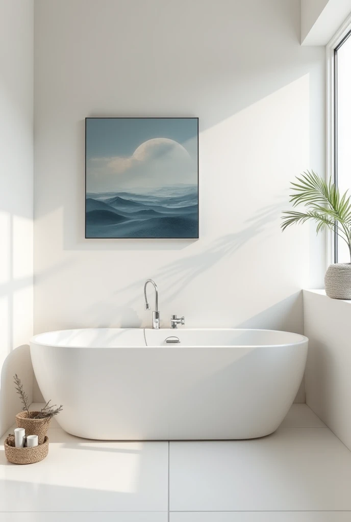 A thin long bath. A small fragment of the bathtub appears from the edge.  No carpet on the floor white . The environment of a tiny pot next to the toilet bowl on the edge is spacious and simple.  Wall length is slightly shorter . There is a stylish paintin...