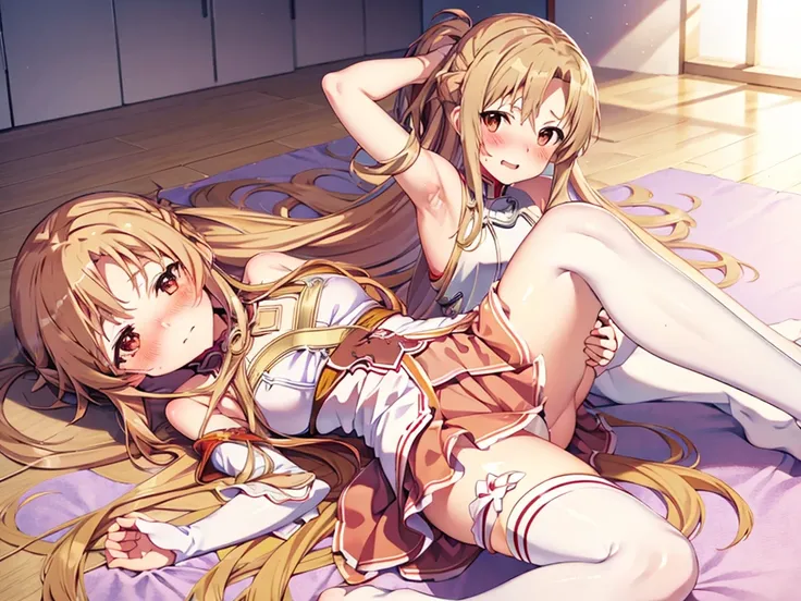 Master piece,best quality,nsfw,Asuna-Sao-Sao-Asana-Sword Art Online-Yūki Asuna-Asya,drunk,embarrassed,blush,lying,open clothes,open legs,public hair,on bedroom,throw