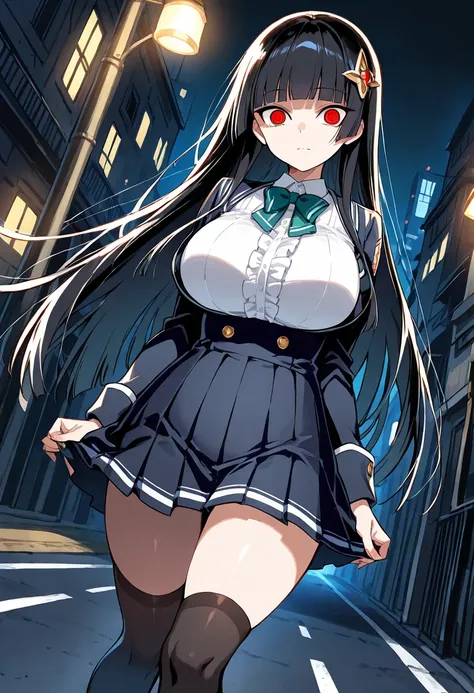 nsfw,  1girl , Alone, long hair, black hair, straight hair,  pitch dark background, red eyes, school wear,  School Jackets,  bow tie,  in a white blouse, curvy,  pleated skirt,  absolute domain,  Black Knee High Socks, looking at viewer, hair ornament, clo...