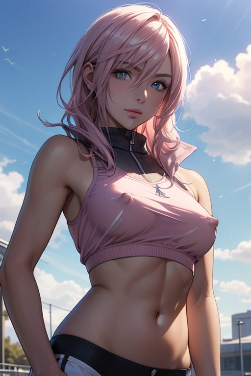 (最高 Masterpiece, top quality,4K,8k, high res, Masterpiece:1.2), Final Fantasy Lightning, pale pink hair,Spend time with nature,  smiles,Beautiful Girlfriend, stylish clothes , soft sunlight ,transparent transparent camisole, transparent nipples ,belly butt...