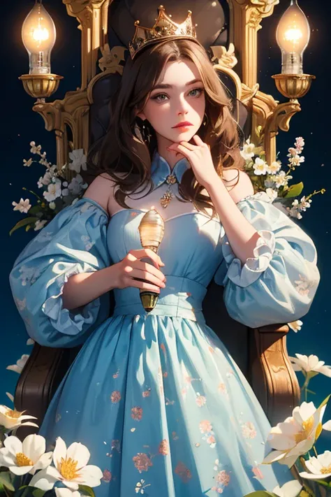 (    Masterpiece,     High quality vaccines  ), 1 ,     alone, (queen:1.15),         brown hair,     light bulb,  cortina , blue floral dress, queen&#39;s Dress    ,    Aurora, (sunlight, null, Rio,     forest),     inexpressive,       red eyes  , (    Art...