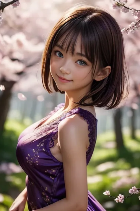 (8k, RAW photo, photorealistic, HQ, masterpiece), a cute Japanese woman, (glowing eyes), (from below:1.2), 
(shy smile), brown hair, (Violet color dress, sleeveless long dress, elegant lace silk fabric dress:1.2), large breasts, (in A vast forest filled wi...