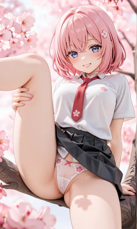 A Japanese cartoon woman is sitting on a tree, spreading her legs and enjoying the scenery. Her costume is a black skirt, T-shirt, red tie, and the tip of her panties is decorated with a floral pattern.