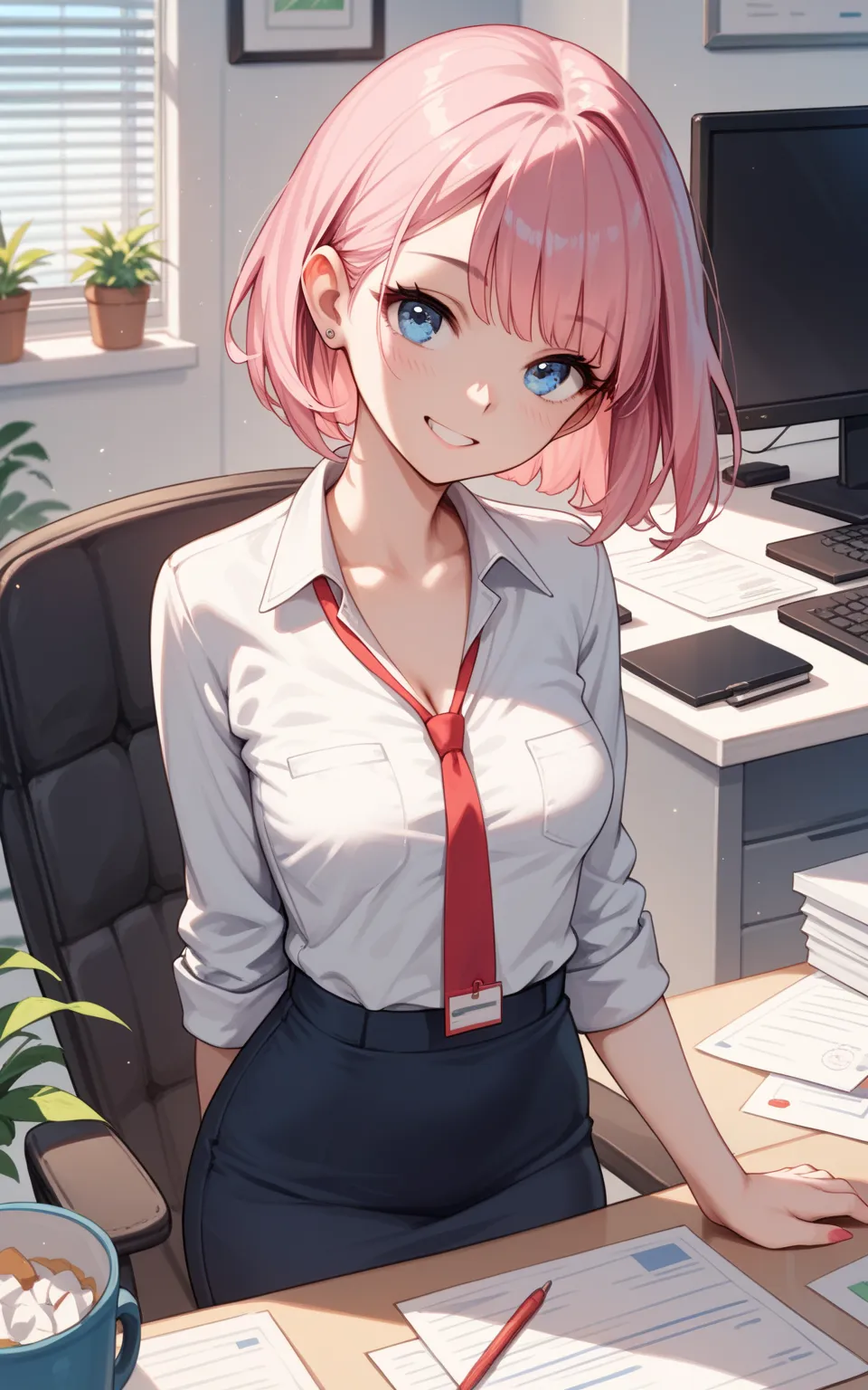 female, pink hair, diagonal bangs, one-length haircut, short hair, blue eyes, Office, Office Worker, Smile, Small Breasts, anime, 