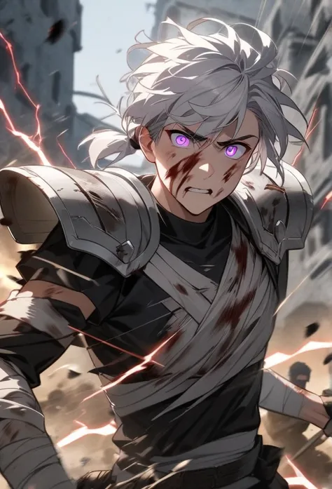   young Greek boy with long white hair tied , one of the arms covered by bandages,    violet eyes ,   wearing two silver shoulder pads and a black high-neck shirt,   with battle damage all over his body, being struck by lightning in the chest , bloody face...