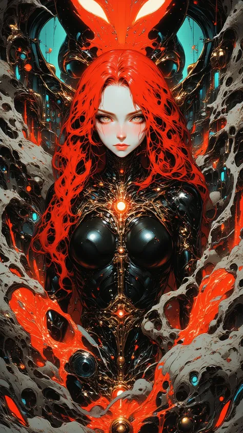  cyberpunk beauty  ， long red hair,      Refined Futurist Art  ， Dan Monford and Alex Grey's Style , Ultra detailed fantasy art  ，death art style 