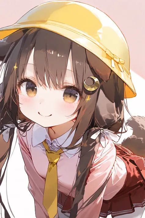  masterpiece,  top quality,  great quality,  1 girl, Fumizuki  \(************\) \( Azur Lane\),  school hat,(Droopy furry ears), (Brown Hair 1.5),Crescent moon hair ornament ,  pink long sleeve shirt,  yellow tie ,  red skirt,  white pantyhose, (Dog tail f...