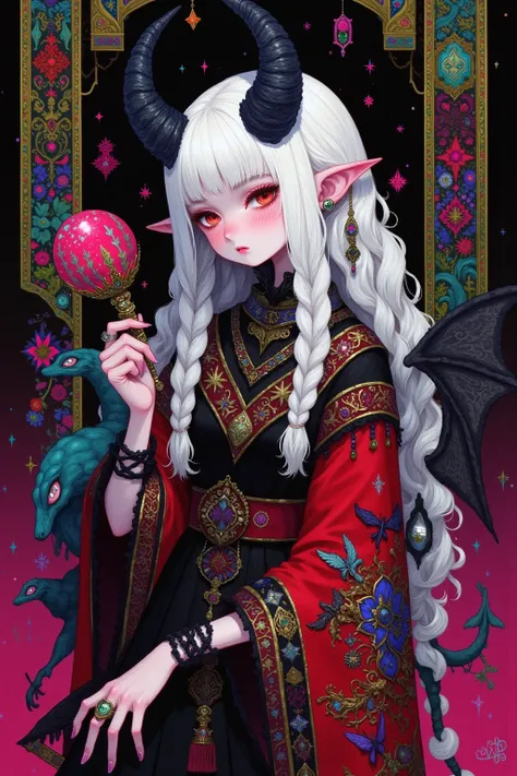     A Woman Using Demons  , White hair,  strange eyes  （  bright red eyes  ),   Scarlet Robe Embroidered with Magical Fences  , metal ornaments （  Rings and Necklaces  ）,  sharp claws ,  Partially Demonized Body  （Horns and Wings ）, Unrealistic, Magic Book...