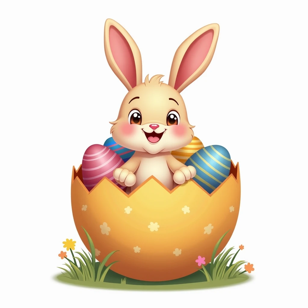  Vector style tshirt design design for easter,ilustration of a large, colorful Easter egg with a smiling bunny inside. The egg is sitting on a white background. The image is of high quality and is a masterpiece. 