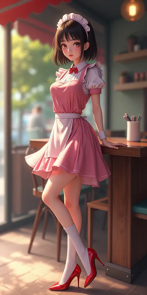 ((Shiori Suwano, xane value rendering,Photo realistic style CG,original photo,190 cm tall girl, girl has a height of 121 cm below the waist, Full body image of wearing super heels, xane value rendering, Feminine Pose, on the side of the camera exposes the ...