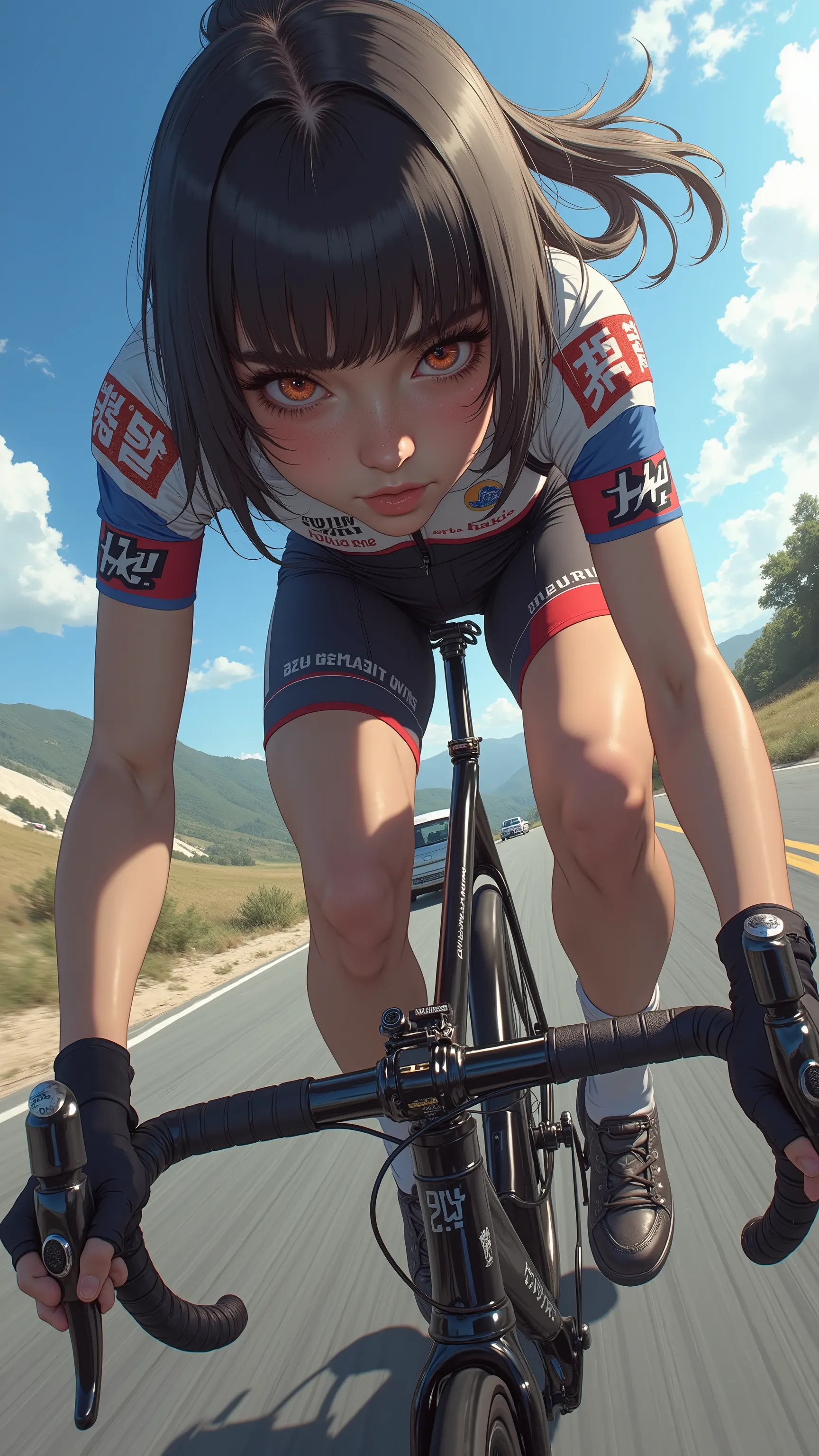  taken from above、 Fisheye 、8k, wallpaper,Japanese high school girl on bicycle、 beautiful face,( racing suit),( racing gloves),( muscular),( thighs),( dynamic angle:2.0),(Detailed depiction of the bike),(sweat),(  forward leaning posture ,I can see the tra...