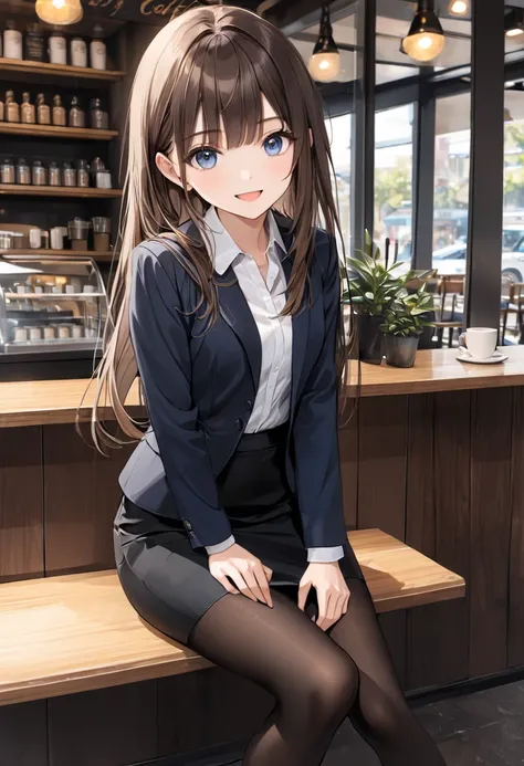  Masterpiece,  top quality,  1 girl, hand between legs, solo,  small breasts,  dark blue eyes,  brown hair, bangs,  long hair,  from the front, Office Style,  black jacket、white slash neck shirt,  black pencil skirt , (midi length skirt:1.2),  black pantyh...