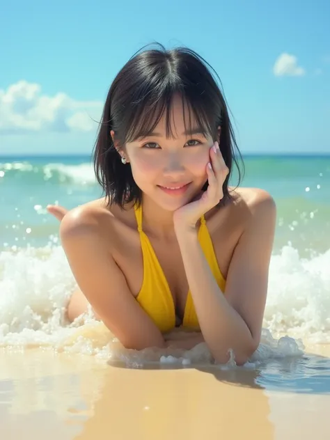 A head-on view of a Japanese woman in her 20s with short, wet hair, wearing a bright yellow halter neck swimsuit. She is lying on her side at the water's edge, resting her head on her right hand in a relaxed pose while smiling directly at the camera. Gentl...