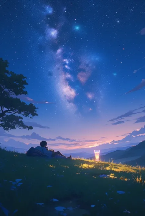  Milky Way、Astronomical Observation、 person lying on top of a hill、sparkling glass