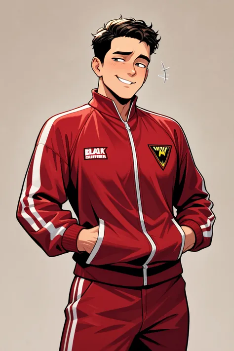 1man, solo, blak and red tracksuit, Gabriel Summers (Marvel), amusement, very smug, masterpiece, best quality, newest, highres, absurdres