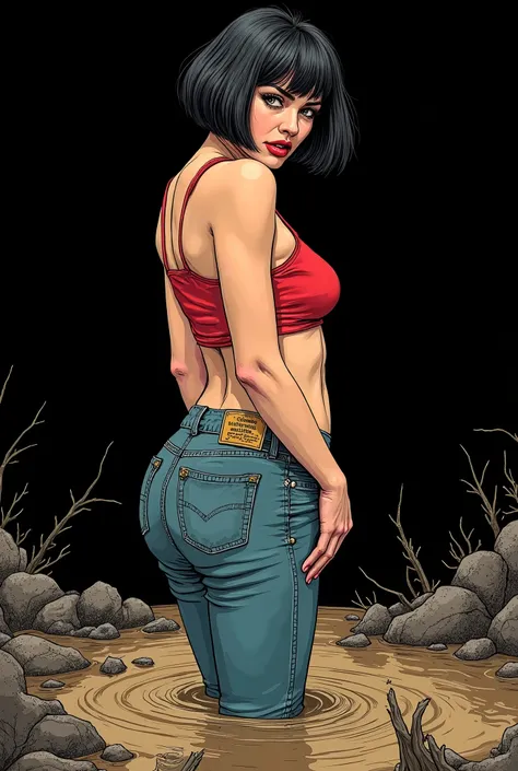  Masterpiece , actual line art, tarot, orgasm, stuck in a tiny mud bog,  mature femme whore ,  levis back jeans , bob-cut,  turns around, black background, red crop-top