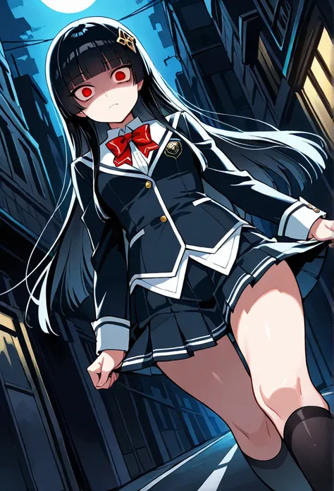 nsfw,  1girl , Alone, long hair, black hair, straight hair,  pitch dark background, red eyes, school wear,  School Jackets,  bow tie,  in a white blouse, curvy,  pleated skirt,  absolute domain,  Black Knee High Socks, looking at viewer, hair ornament, clo...